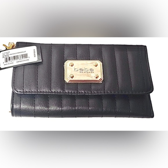 BEBE black rowan quilted tassel gold plated trifold wallet purse clutch wristlet - Picture 1 of 9